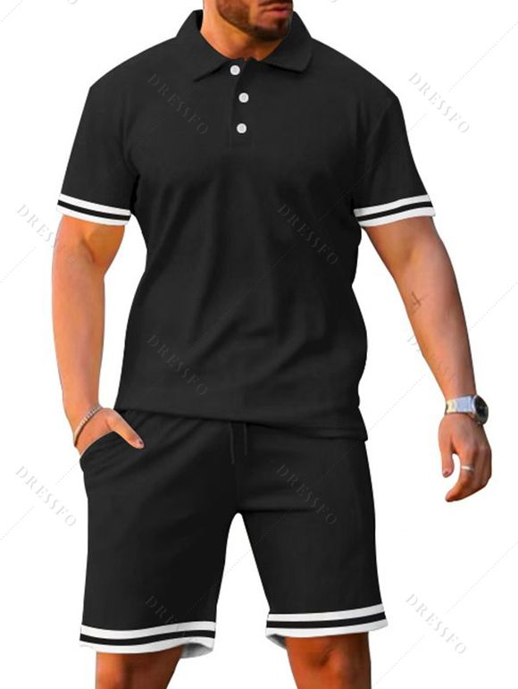 Ensemble deux pièces pour homme, décontracté, rayé, avec t-shirt boutonné 1/4 et short à taille élastique avec cordon de serrage - Noir XXXL