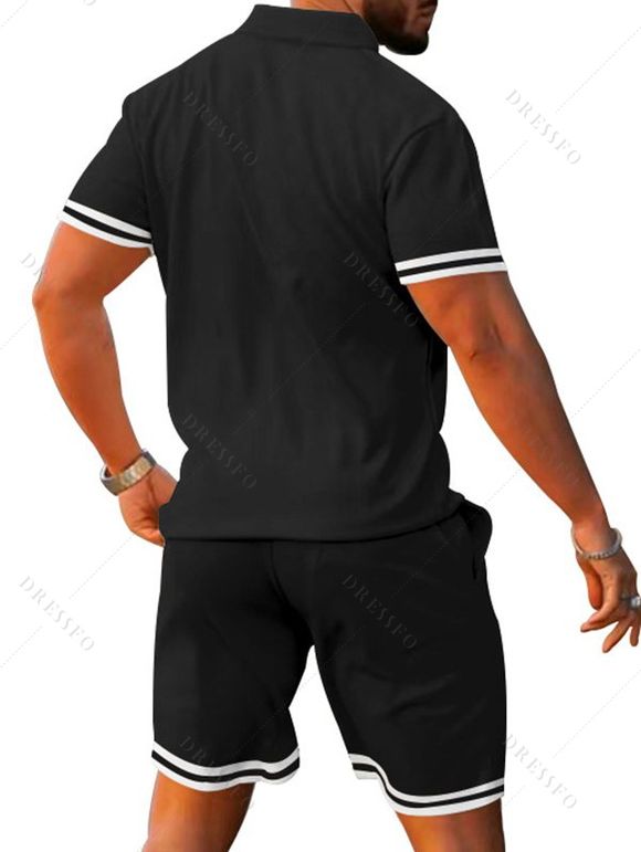 Ensemble deux pièces pour homme, décontracté, rayé, avec t-shirt boutonné 1/4 et short à taille élastique avec cordon de serrage - Noir XXXL