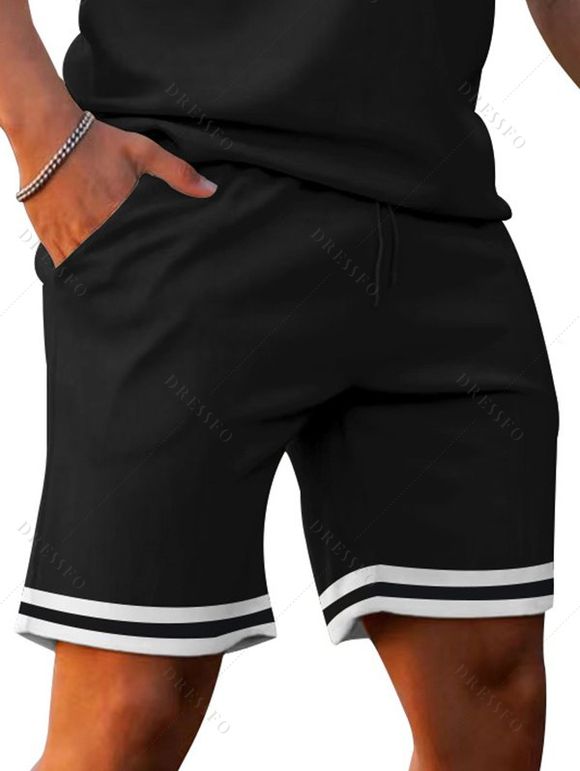 Ensemble deux pièces pour homme, décontracté, rayé, avec t-shirt boutonné 1/4 et short à taille élastique avec cordon de serrage - Noir XXXL