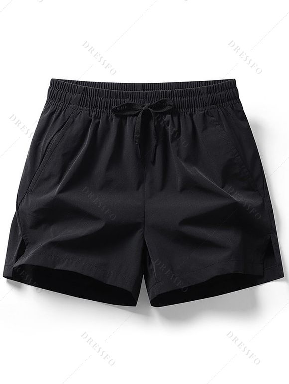 Short décontracté pour homme, couleur unie, avec cordon de serrage, taille élastique, poches, ourlet fendu - Noir XXXL