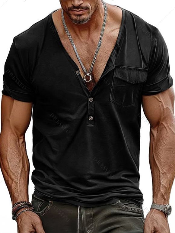 T-shirt à manches courtes et col en V pour homme, couleur unie, avec poche avant à demi-bouton, style décontracté - Noir XXXL