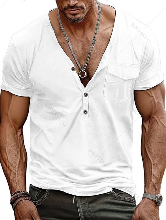T-shirt à manches courtes et col en V pour homme, couleur unie, avec poche avant à demi-bouton, style décontracté - Blanc XXXL