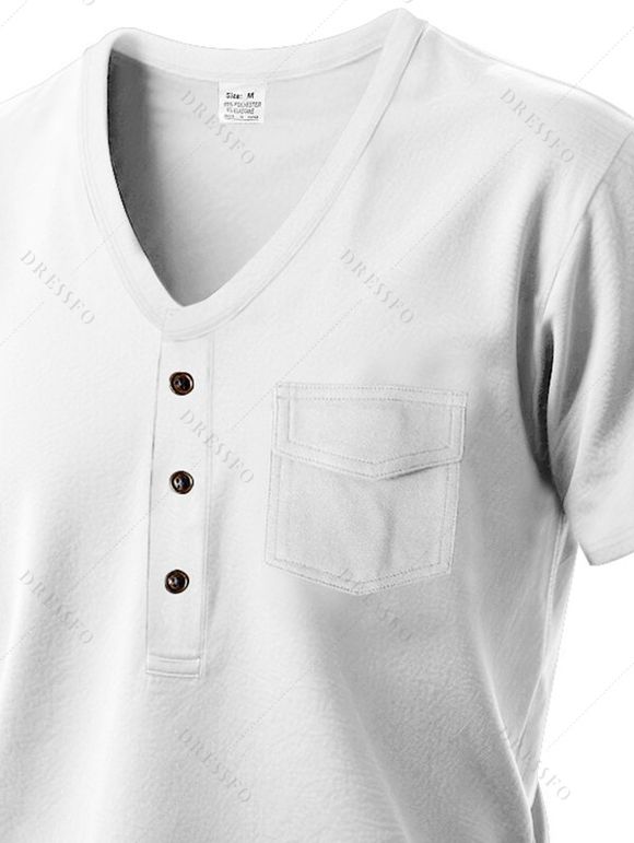 T-shirt à manches courtes et col en V pour homme, couleur unie, avec poche avant à demi-bouton, style décontracté - Blanc L