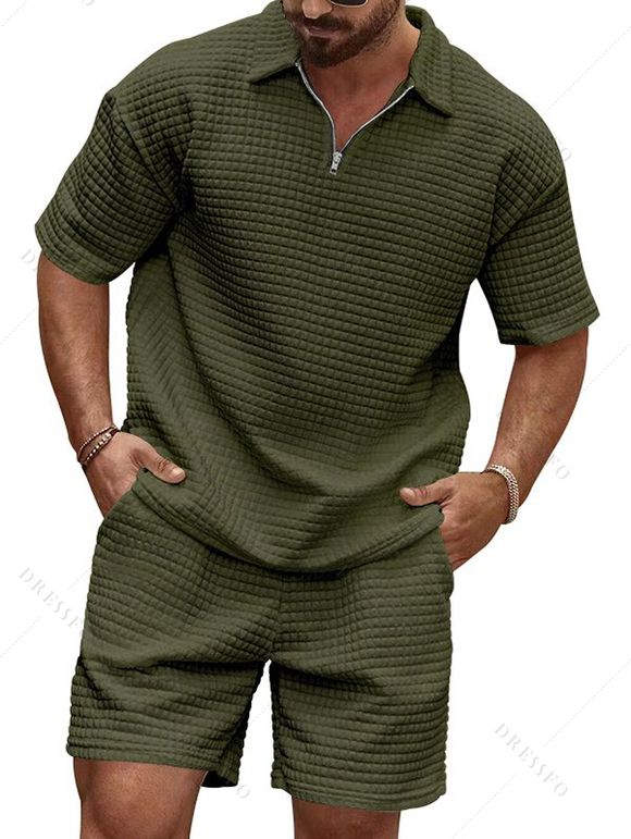 Ensemble deux pièces pour homme, décontracté, couleur unie, texturé, fermeture éclair 1/4, col rabattu, t-shirt et short à taille élastique avec cordon de serrage - Vert XXXL