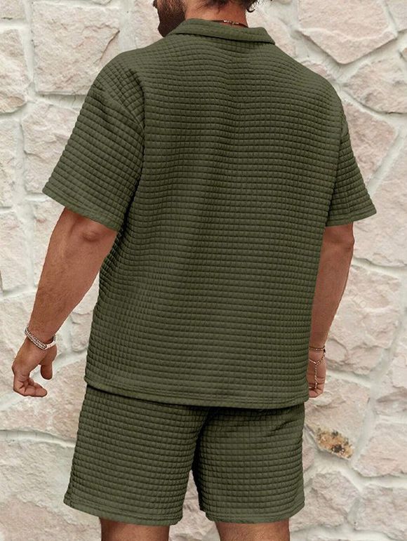 Ensemble deux pièces pour homme, décontracté, couleur unie, texturé, fermeture éclair 1/4, col rabattu, t-shirt et short à taille élastique avec cordon de serrage - Vert XL