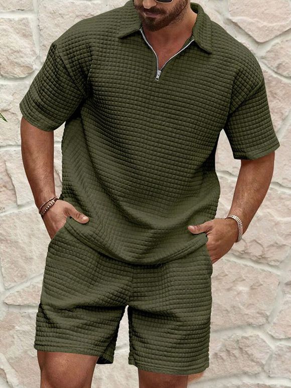 Ensemble deux pièces pour homme, décontracté, couleur unie, texturé, fermeture éclair 1/4, col rabattu, t-shirt et short à taille élastique avec cordon de serrage - Vert XL
