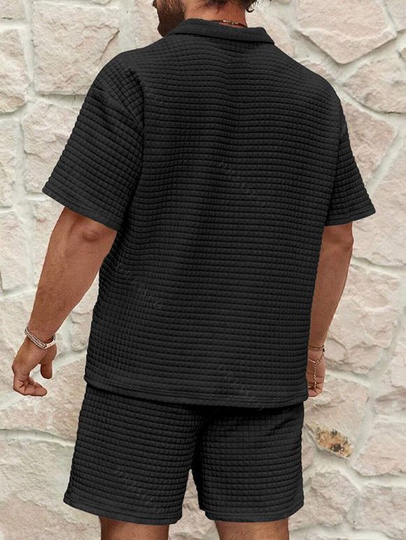 Ensemble deux pièces pour homme, décontracté, couleur unie, texturé, fermeture éclair 1/4, col rabattu, t-shirt et short à taille élastique avec cordon de serrage - Noir M