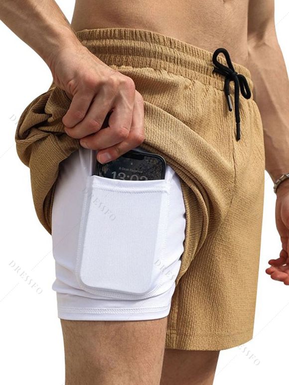 Short décontracté texturé pour homme, couleur unie, avec cordon de serrage, poche intérieure et taille élastique - café lumière S