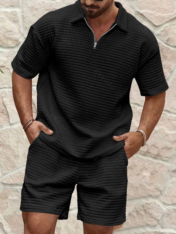 Ensemble deux pièces pour homme, décontracté, couleur unie, texturé, fermeture éclair 1/4, col rabattu, t-shirt et short à taille élastique avec cordon de serrage - Noir M