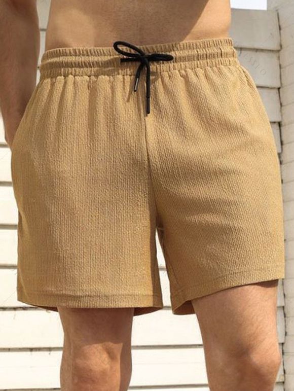 Short décontracté texturé pour homme, couleur unie, avec cordon de serrage, poche intérieure et taille élastique - café lumière XXL