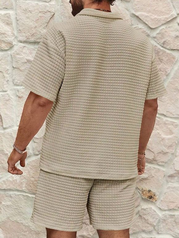 Ensemble deux pièces pour homme, décontracté, couleur unie, texturé, fermeture éclair 1/4, col rabattu, t-shirt et short à taille élastique avec cordon de serrage - café lumière XXXL