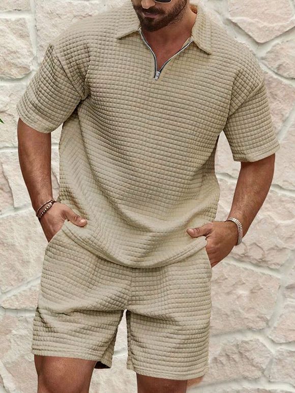 Ensemble deux pièces pour homme, décontracté, couleur unie, texturé, fermeture éclair 1/4, col rabattu, t-shirt et short à taille élastique avec cordon de serrage - café lumière XXXL
