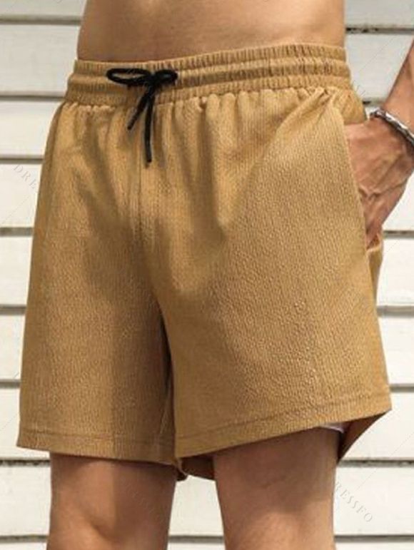 Short décontracté texturé pour homme, couleur unie, avec cordon de serrage, poche intérieure et taille élastique - café lumière XXL