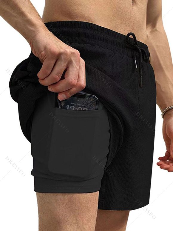 Short décontracté texturé pour homme, couleur unie, avec cordon de serrage, poche intérieure et taille élastique - Noir XXL