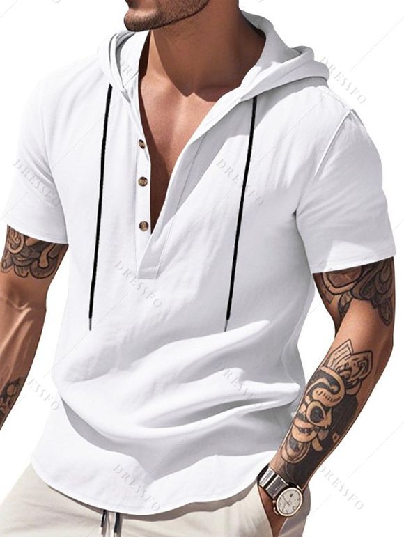 T-shirt décontracté à manches courtes et col rond pour homme, couleur unie, avec cordon de serrage, à capuche et cordon de serrage, idéal pour la plage - Blanc S