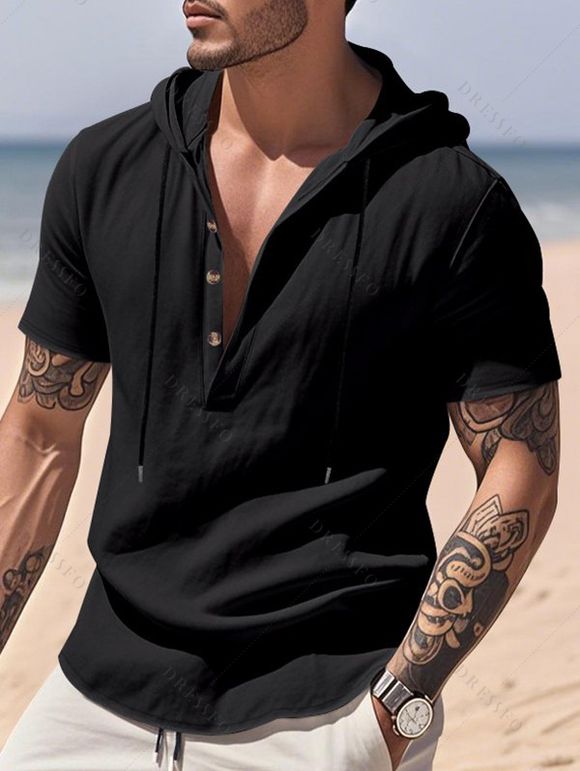 T-shirt décontracté à manches courtes et col rond pour homme, couleur unie, avec cordon de serrage, à capuche et cordon de serrage, idéal pour la plage - Noir XXXL