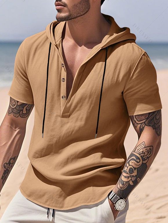 T-shirt décontracté à manches courtes et col rond pour homme, couleur unie, avec cordon de serrage, à capuche et cordon de serrage, idéal pour la plage - café lumière XXXL