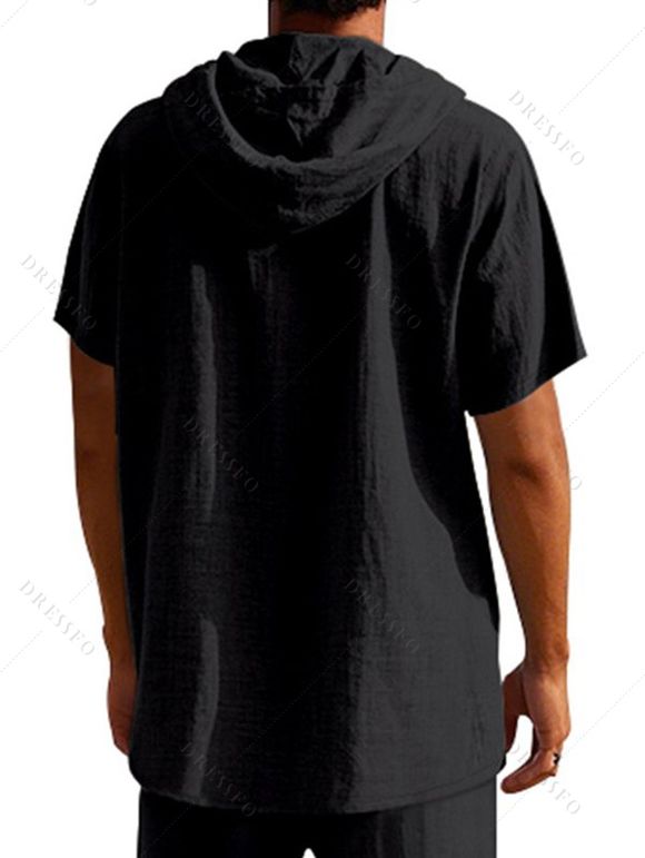 T-shirt décontracté à manches courtes et col rond pour homme, couleur unie, avec cordon de serrage, à capuche et cordon de serrage, idéal pour la plage - Noir M