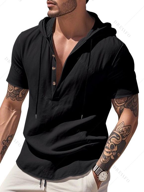 T-shirt décontracté à manches courtes et col rond pour homme, couleur unie, avec cordon de serrage, à capuche et cordon de serrage, idéal pour la plage - Noir M