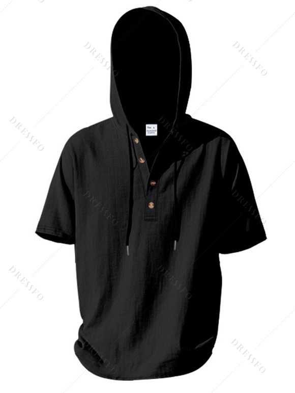 T-shirt décontracté à manches courtes et col rond pour homme, couleur unie, avec cordon de serrage, à capuche et cordon de serrage, idéal pour la plage - Noir M