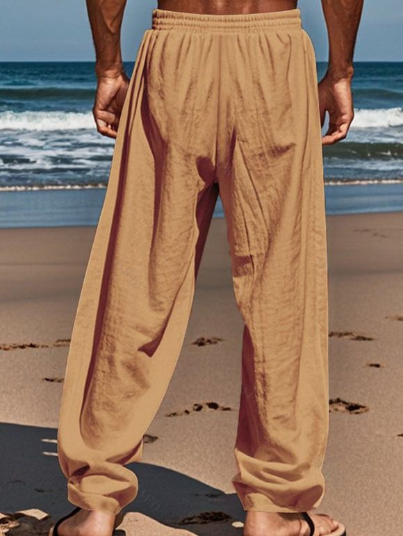 Pantalon décontracté long et droit pour homme, couleur unie, avec cordon de serrage et taille élastique - café lumière XXXL