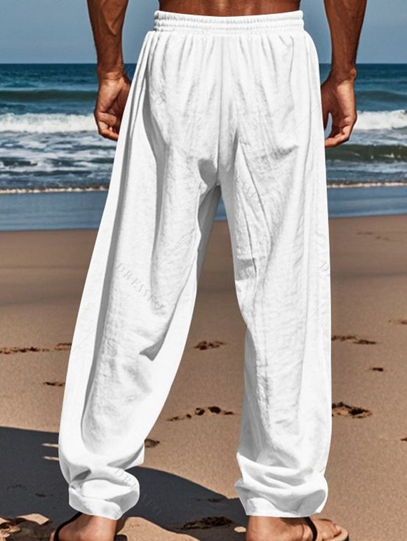 Pantalon décontracté long et droit pour homme, couleur unie, avec cordon de serrage et taille élastique - Blanc XXL