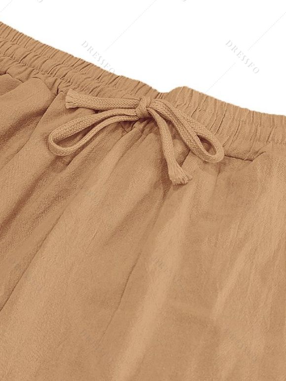 Pantalon décontracté long et droit pour homme, couleur unie, avec cordon de serrage et taille élastique - café lumière XXXL