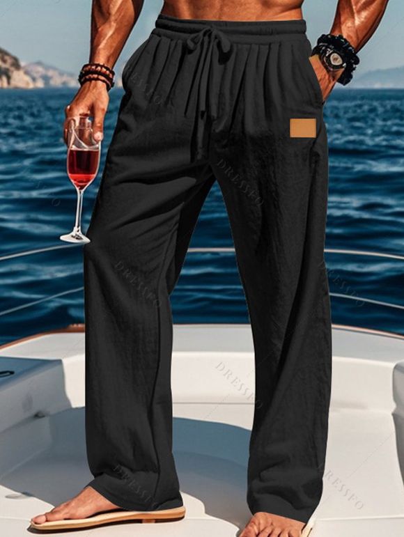 Pantalon décontracté long et droit pour homme, couleur unie, avec cordon de serrage et taille élastique - Noir L