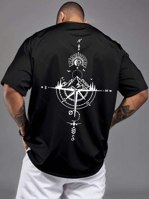T-shirt décontracté à col rond et manches courtes pour homme, motif boussole et montagne - Noir XXXL