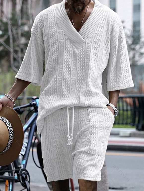 Ensemble deux pièces pour homme, haut en tricot à manches mi-longues et col en V en jacquard de couleur unie, avec cordon de serrage, taille élastique et poches. - Blanc S