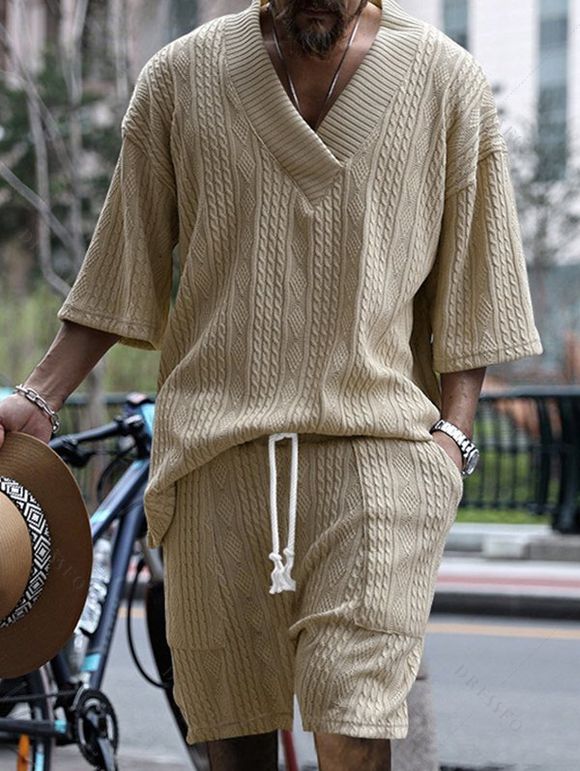 Ensemble deux pièces pour homme, haut en tricot à manches mi-longues et col en V en jacquard de couleur unie, avec cordon de serrage, taille élastique et poches. - café lumière XL