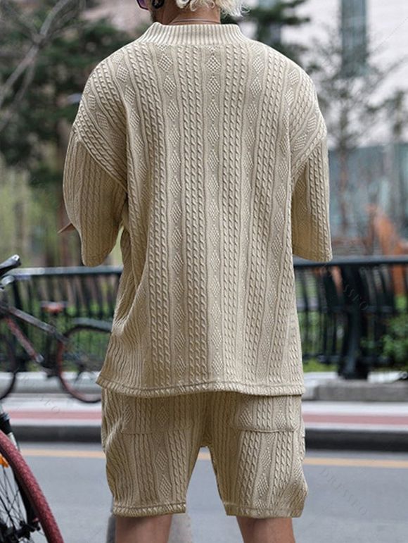 Ensemble deux pièces pour homme, haut en tricot à manches mi-longues et col en V en jacquard de couleur unie, avec cordon de serrage, taille élastique et poches. - café lumière XXXL
