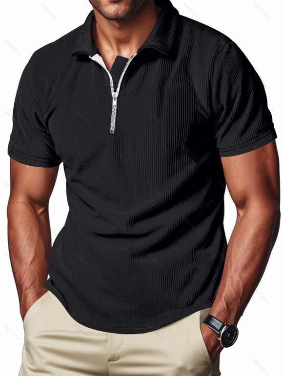 T-shirt décontracté à col rabattu et fermeture éclair 1/4 pour homme, couleur unie et texturée, en velours côtelé - Noir XXXL