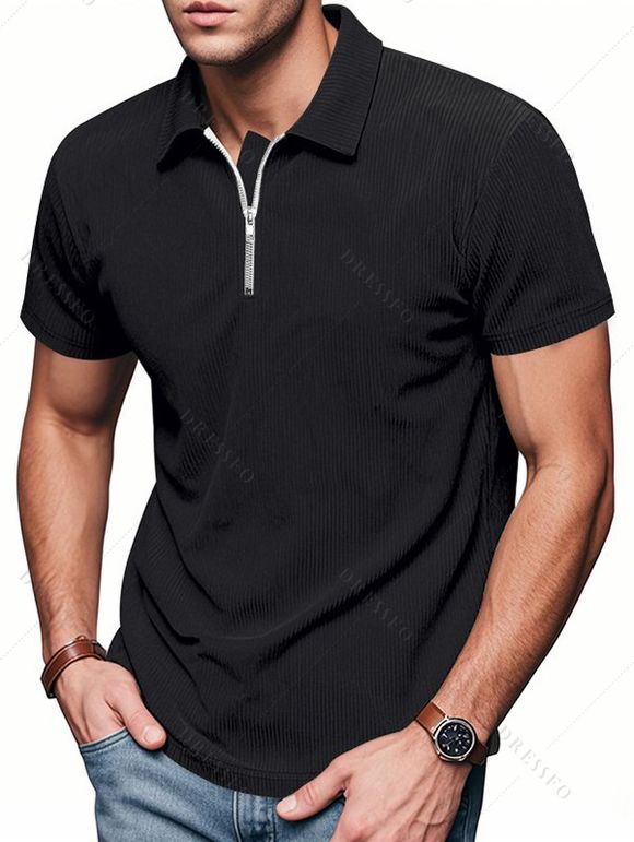 T-shirt décontracté à col rabattu et fermeture éclair 1/4 pour homme, couleur unie et texturée, en velours côtelé - Noir XXL