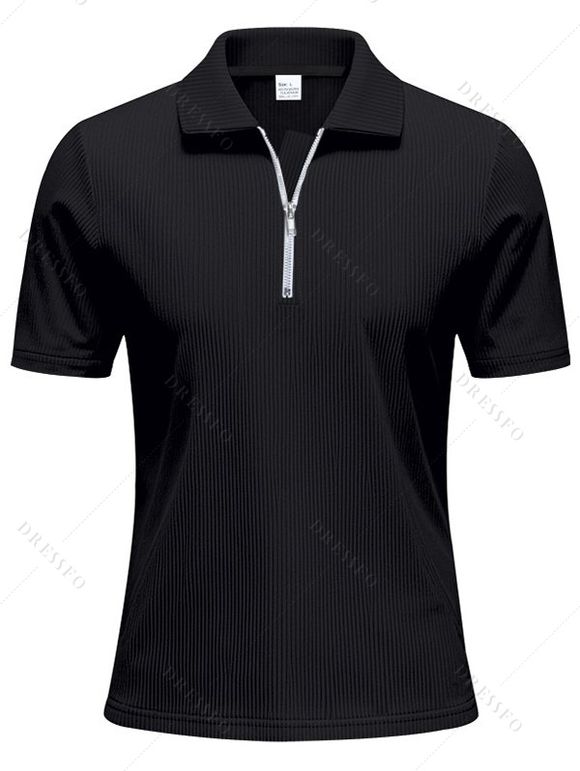 T-shirt décontracté à col rabattu et fermeture éclair 1/4 pour homme, couleur unie et texturée, en velours côtelé - Noir XXL