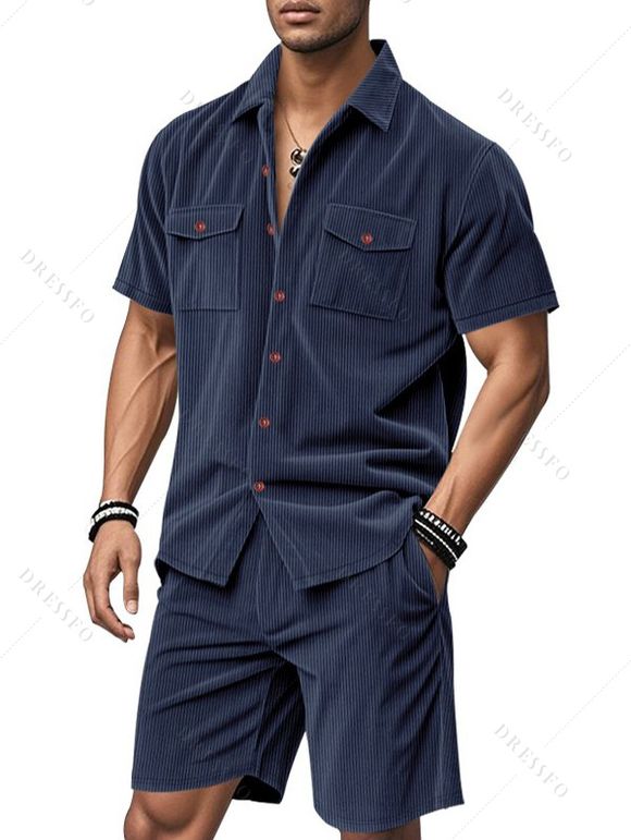 Ensemble deux pièces en velours côtelé texturé pour homme, couleur unie, poches avant, chemise boutonnée et short à cordon de serrage - Bleu XXXL