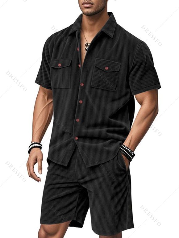 Ensemble deux pièces en velours côtelé texturé pour homme, couleur unie, poches avant, chemise boutonnée et short à cordon de serrage - Noir XXXL