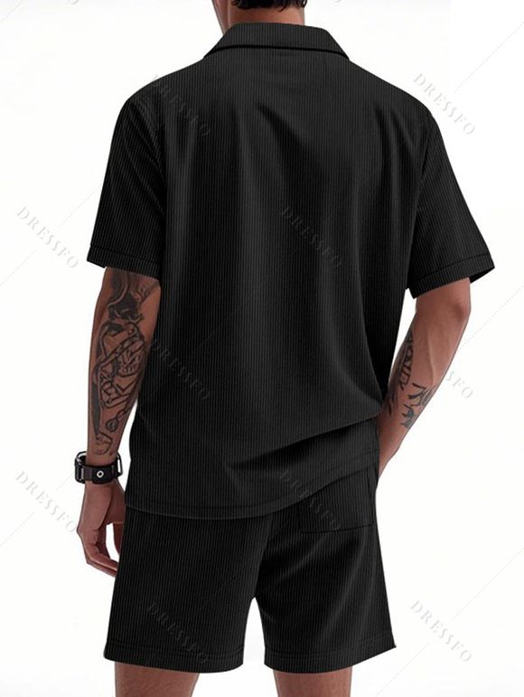 Ensemble deux pièces en velours côtelé texturé pour homme, couleur unie, poches avant, chemise boutonnée et short à cordon de serrage - Noir S