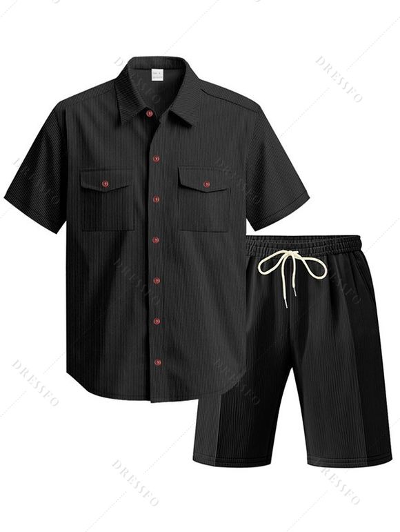 Ensemble deux pièces en velours côtelé texturé pour homme, couleur unie, poches avant, chemise boutonnée et short à cordon de serrage - Noir S