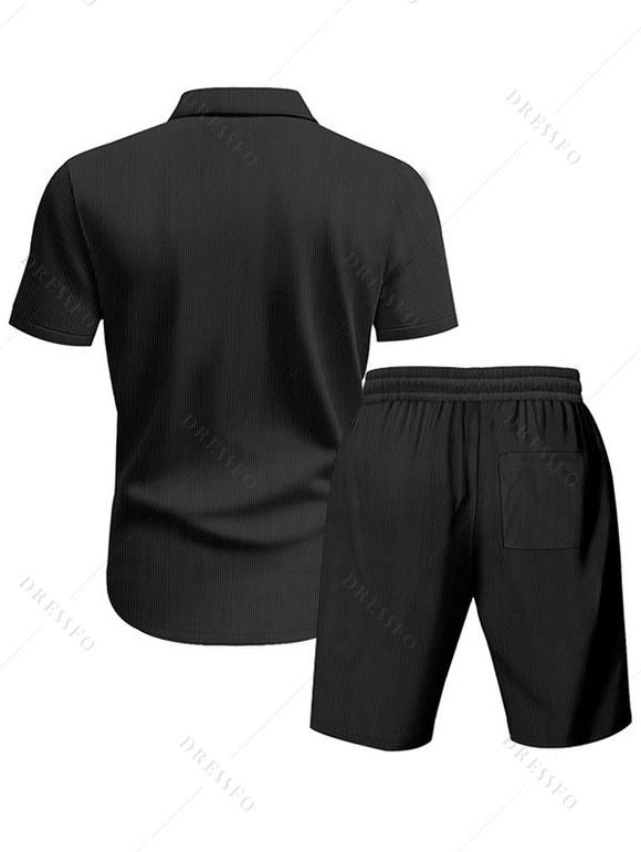 Ensemble deux pièces en velours côtelé texturé pour homme, couleur unie, poches avant, chemise boutonnée et short à cordon de serrage - Noir S