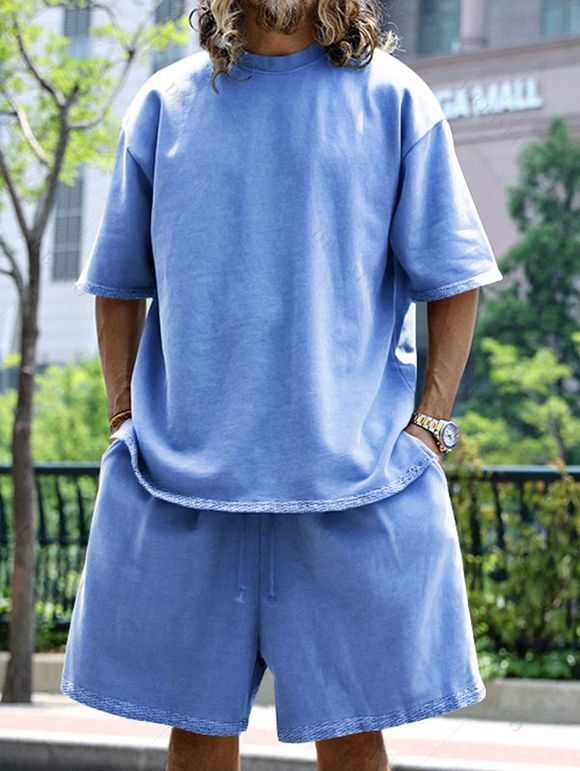 Ensemble deux pièces pour homme, couleur unie, col rond, manches mi-longues, pull-over, t-shirt et short droit à taille élastique avec cordon de serrage - Bleu XXXL