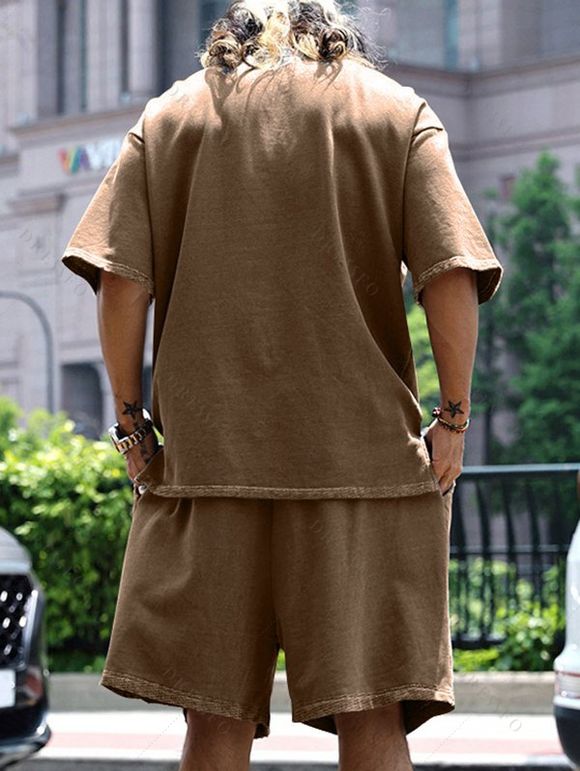 Ensemble deux pièces pour homme, couleur unie, col rond, manches mi-longues, pull, t-shirt et short droit à taille élastique avec cordon de serrage - café M