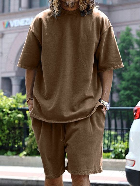 Ensemble deux pièces pour homme, couleur unie, col rond, manches mi-longues, pull, t-shirt et short droit à taille élastique avec cordon de serrage - café M