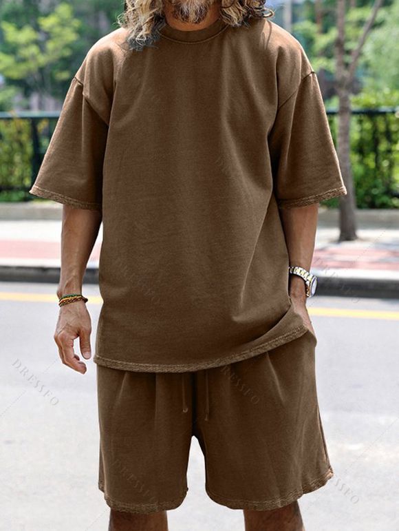 Ensemble deux pièces pour homme, couleur unie, col rond, manches mi-longues, pull, t-shirt et short droit à taille élastique avec cordon de serrage - café M