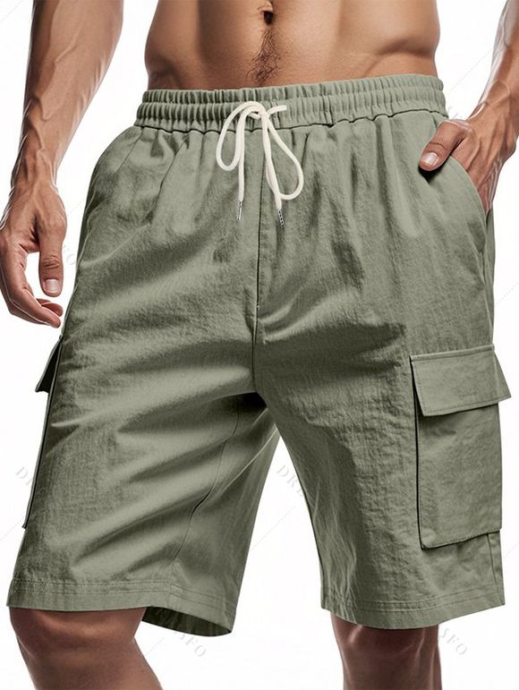 Short cargo droit pour homme, couleur unie, poches multiples, cordon de serrage, taille élastique, longueur genou, pour l'extérieur - Vert clair XXXL