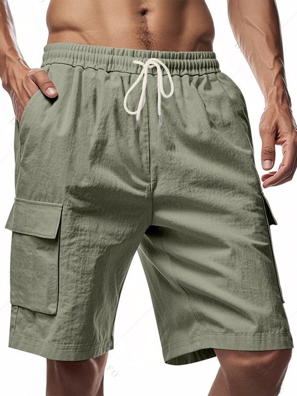 Short cargo droit pour homme, couleur unie, poches multiples, cordon de serrage, taille élastique, longueur genou, pour l'extérieur - Vert clair XL