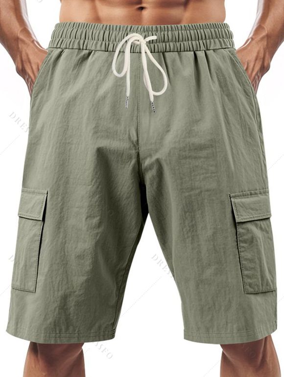 Short cargo droit pour homme, couleur unie, poches multiples, cordon de serrage, taille élastique, longueur genou, pour l'extérieur - Vert clair XL