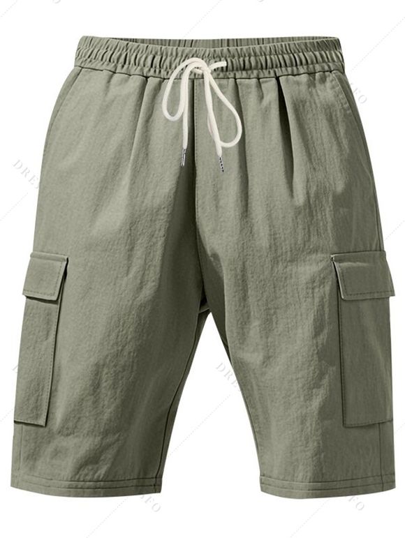 Short cargo droit pour homme, couleur unie, poches multiples, cordon de serrage, taille élastique, longueur genou, pour l'extérieur - Vert clair XL