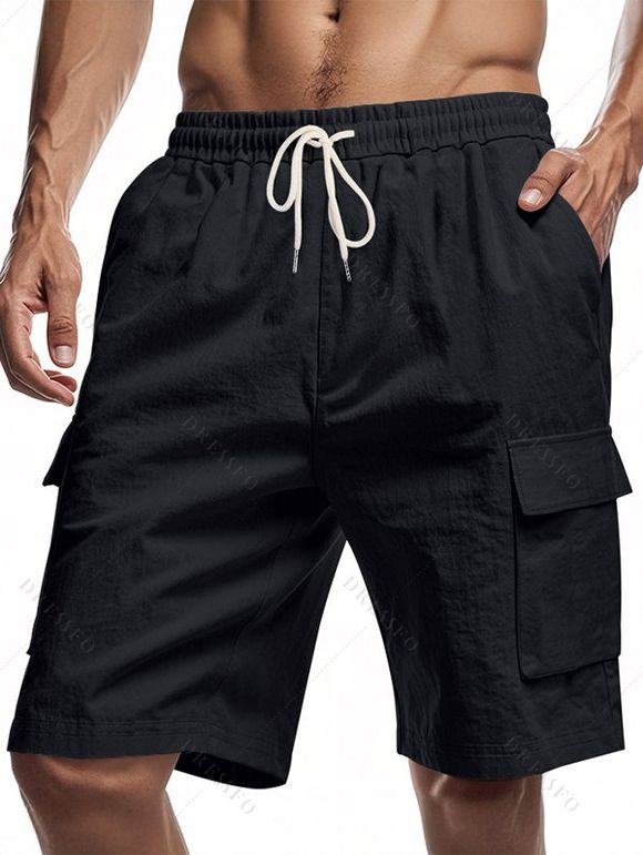 Short cargo droit pour homme, couleur unie, poches multiples, cordon de serrage, taille élastique, longueur genou, pour l'extérieur - Noir XXXL