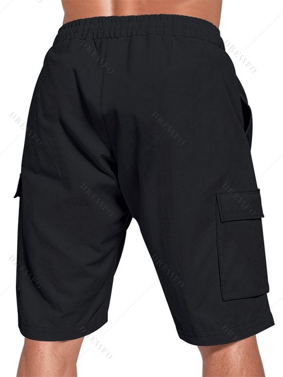 Short cargo droit pour homme, couleur unie, poches multiples, cordon de serrage, taille élastique, longueur genou, pour l'extérieur - Noir S